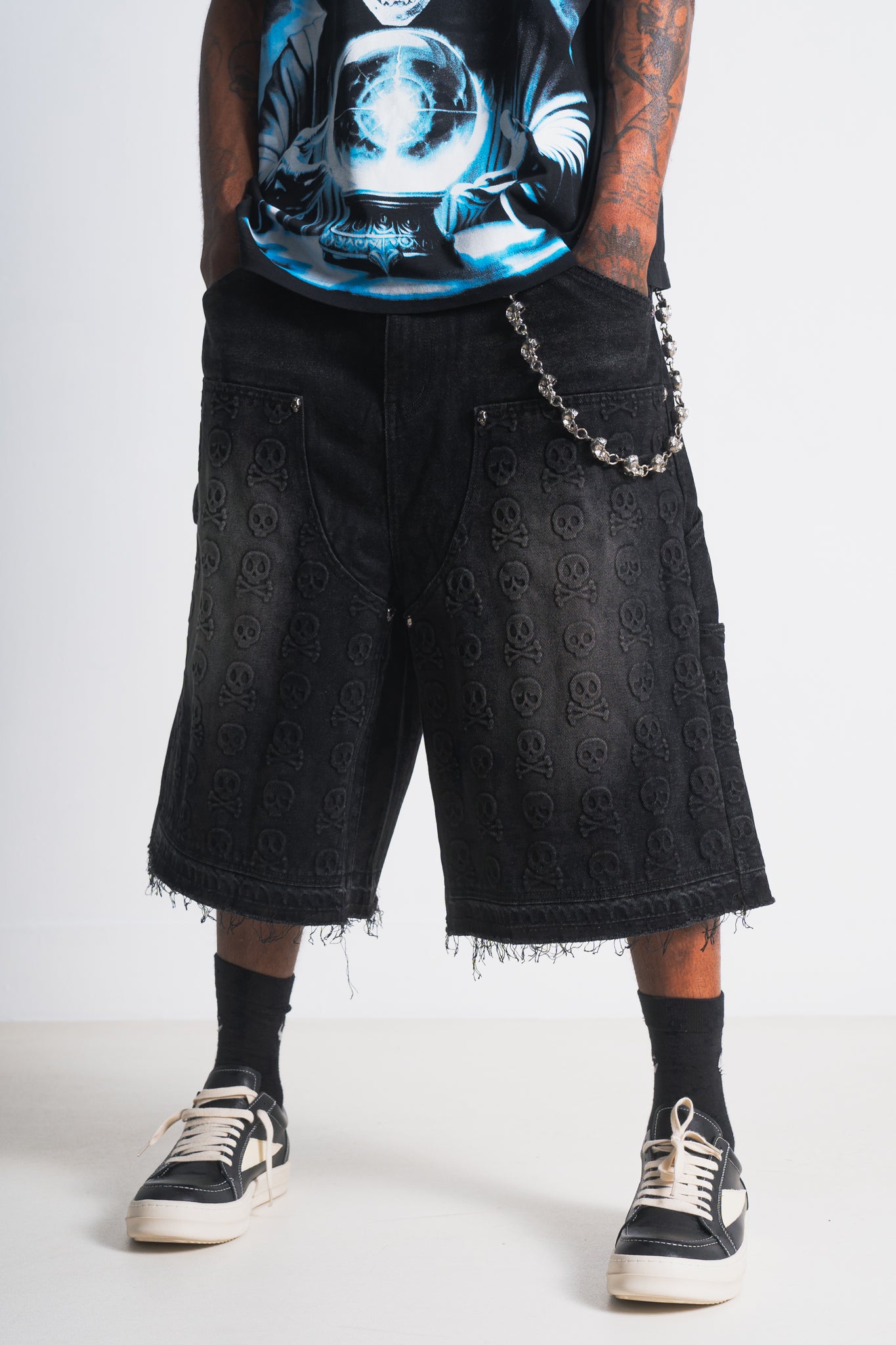 Skull Banger Baggy Denim Shorts (BLACK)