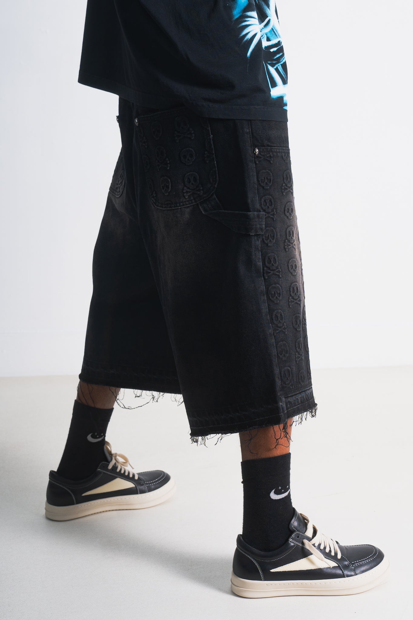 Skull Banger Baggy Denim Shorts (BLACK)