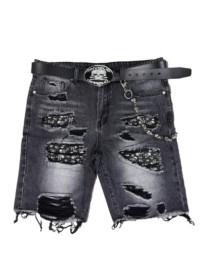 Skull Rip Denim Short + Skull Belt