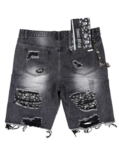 Skull Rip Denim Shorts (Black) "FREE BANDANA PER SHORTS"