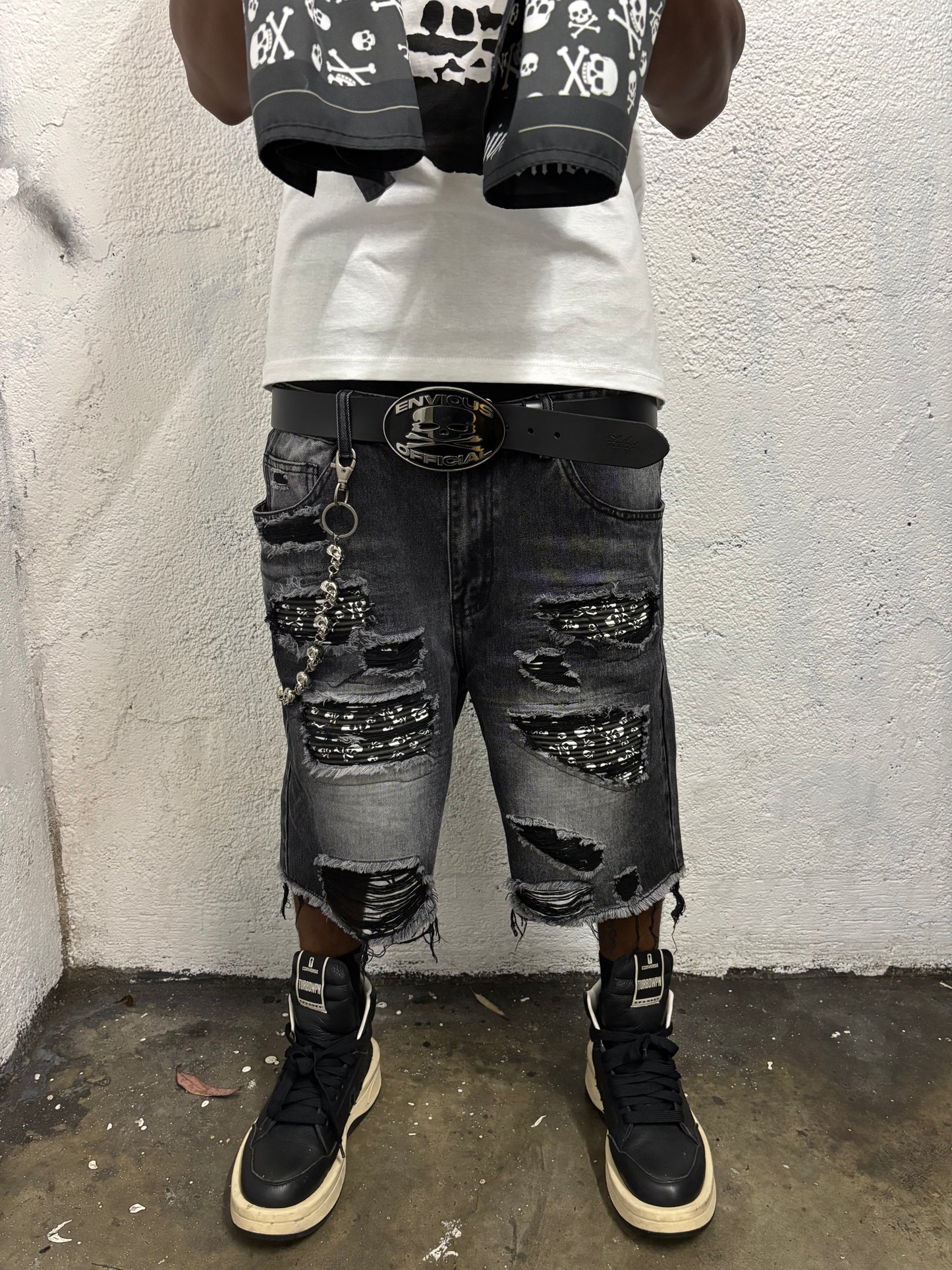 Skull Rip Denim Shorts (Black) "FREE BANDANA PER SHORTS"