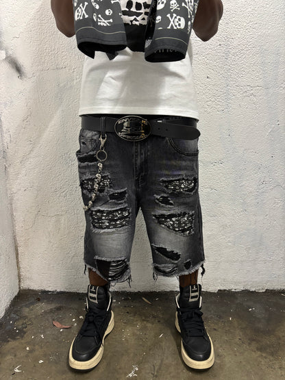 Skull Rip Denim Shorts (Black) "FREE BANDANA PER SHORTS"