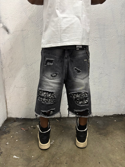 Skull Rip Denim Shorts (Black) "FREE BANDANA PER SHORTS"