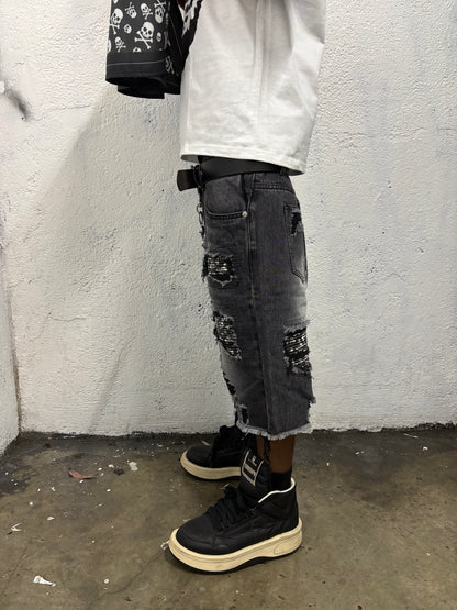 Skull Rip Denim Shorts (Black) "FREE BANDANA PER SHORTS"