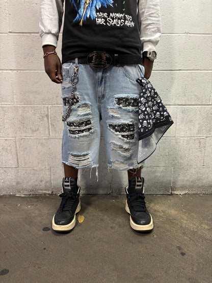 Skull Rip Denim Shorts(Blue) "FREE BANDANA PER SHORTS"